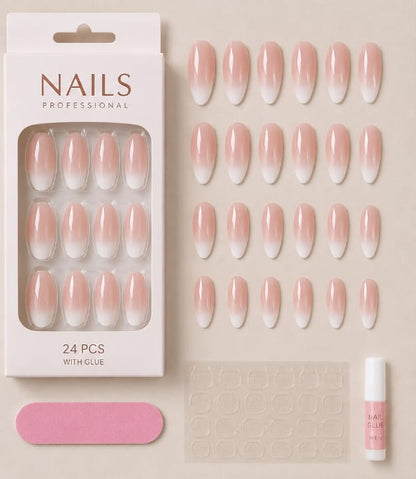 24-Piece Ombre French Press-On Nails – Nude White Almond Fake Nails – Glossy Elegant Manicure Set