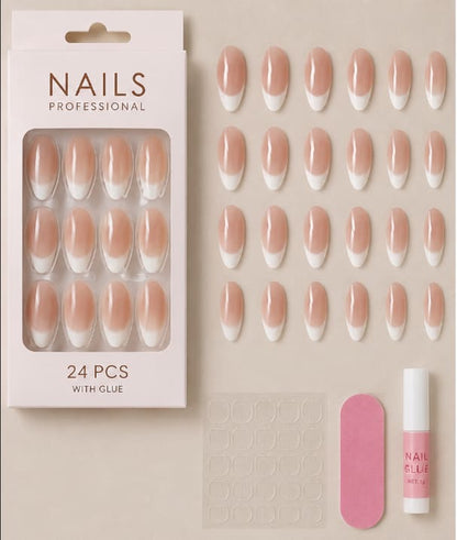 24-Piece French Tip Press-On Nails – Glossy Nude & White Almond Fake Nails – Elegant Reusable Manicure Set