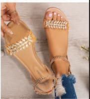 Women’s Camel Rhinestone Embellished Ankle Strap Flat Sandals