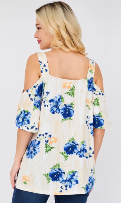 Women’s Oversized Floral Cold Shoulder Blouse – White Cotton Gauze Summer Top
