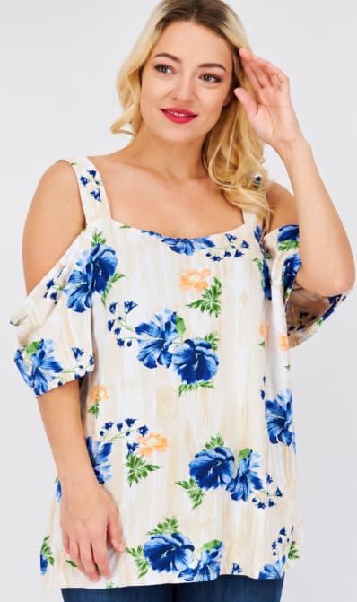 Women’s Oversized Floral Cold Shoulder Blouse – White Cotton Gauze Summer Top
