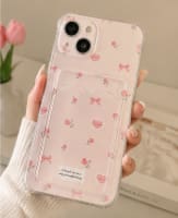 iPhone 15 Pro Max Clear Pink Floral Love Case with Card Holder – Shockproof Transparent Phone Cover