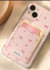 iPhone 15 Pro Max Clear Pink Floral Love Case with Card Holder – Shockproof Transparent Phone Cover