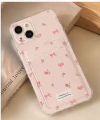 iPhone 15 Pro Max Clear Pink Floral Love Case with Card Holder – Shockproof Transparent Phone Cover