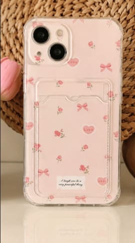iPhone 15 Pro Max Clear Pink Floral Love Case with Card Holder – Shockproof Transparent Phone Cover