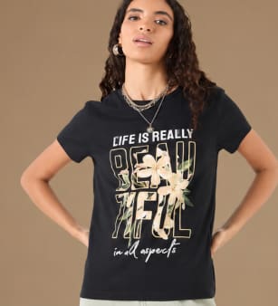 Women’s Black Floral Quote Graphic Cotton T-Shirt, Casual Short Sleeve Top