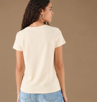 Women’s Beige Paris Graphic Cotton T-Shirt, Casual Short Sleeve Printed Top
