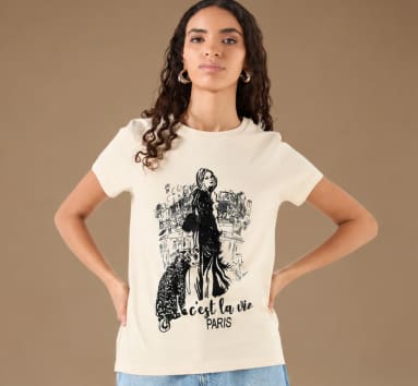 Women’s Beige Paris Graphic Cotton T-Shirt, Casual Short Sleeve Printed Top