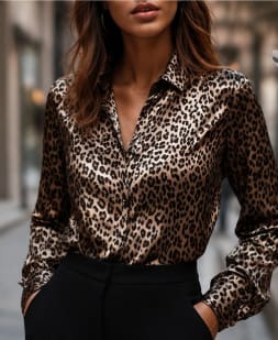 Women’s Leopard Print Button-Up Shirt, Long Sleeve Animal Print Blouse
