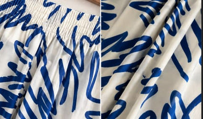 Women’s Blue White Printed Wide Leg Pants, Elastic Waist Summer Trousers
