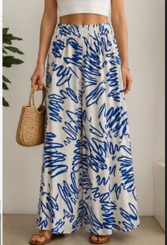 Women’s Blue White Printed Wide Leg Pants, Elastic Waist Summer Trousers