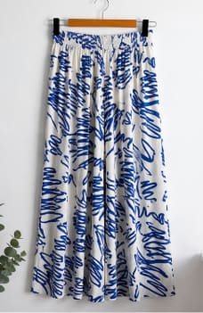 Women’s Blue White Printed Wide Leg Pants, Elastic Waist Summer Trousers