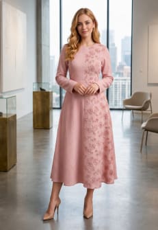 SHEIN Women’s Pink Embroidered Midi Dress – Long Sleeve Modest A-Line Dress, SHEIN Fast Delivery in 5 Days