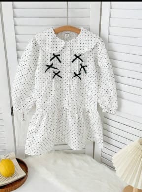 SHEIN Girls White Polka Dot Dress – Long Sleeve Bow Detail Casual Dress, SHEIN Fast Delivery in 5 Days