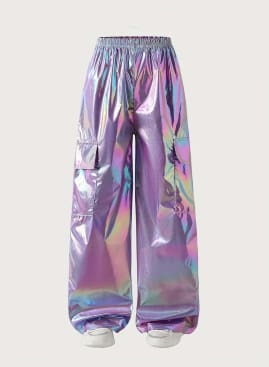 Girls Purple Holographic Wide Leg Cargo Pants – Shiny Elastic Waist Pants