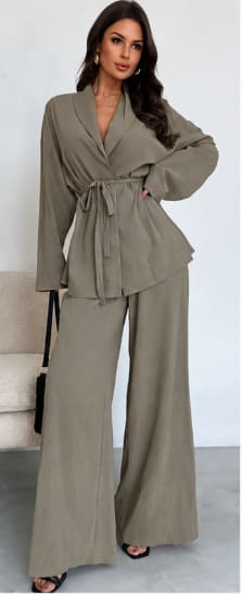 SHEIN Women’s Light Grey 2 Piece Set – Belted Top & Wide Leg Pants, SHEIN Fast Delivery in 5 Days