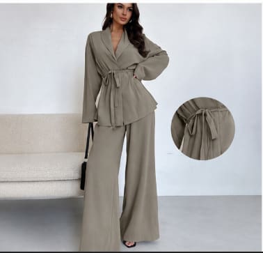 SHEIN Women’s Light Grey 2 Piece Set – Belted Top & Wide Leg Pants, SHEIN Fast Delivery in 5 Days
