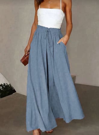 SHEIN Women’s Blue Wide Leg Pants – High Waist Drawstring Palazzo Pants, SHEIN Fast Delivery in 5 Days