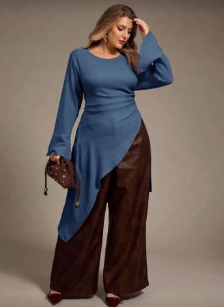 SHEIN Women’s Blue Asymmetric Tunic & Brown Wide Leg Pants Set – 2 Piece Outfit, SHEIN Fast Delivery in 5 Days