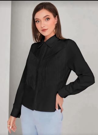 SHEIN Women’s Black Fringe Button-Up Shirt – Long Sleeve Elegant Shirt, SHEIN Fast Delivery in 5 Days
