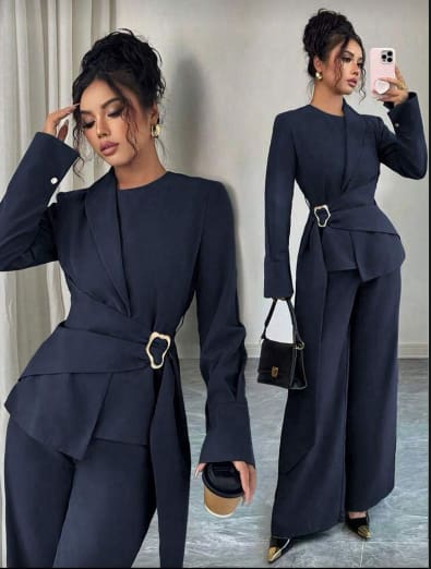 Navy Blue Buckle Detail Two Piece Pants Set – SHEIN Fast Delivery in 5 Days