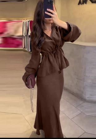 Brown Two Piece Peplum Top & Maxi Skirt Set – SHEIN Fast Delivery in 5 Days