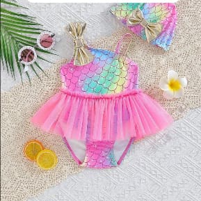 SHEIN Baby Girls Mermaid Swimsuit & Cap Set – 2 Piece Pink Tutu Swimwear, SHEIN Fast Delivery in 5 Days