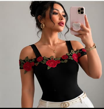 Black Floral Embroidered Off-Shoulder Top – SHEIN Fast Delivery in 5 Days