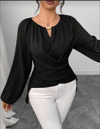 SHEIN Fast Delivery Wrap Front Long Sleeve Blouse – Navy Blue & Black