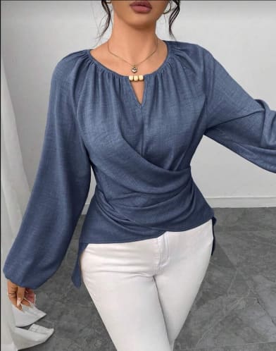 SHEIN Fast Delivery Wrap Front Long Sleeve Blouse – Navy Blue & Black
