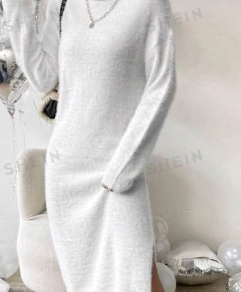 White Turtleneck Knit Sweater Dress â€“ Long Sleeve Winter Midi Dress