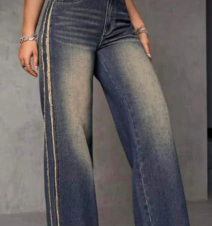 High Waist Wide Leg Jeans with Side Stripe â€“ Women Vintage Blue Denim