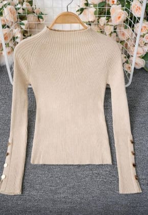 Women Khaki Ribbed Knit Top â€“ High Neck Slim Fit Sweater with Button Sleeves