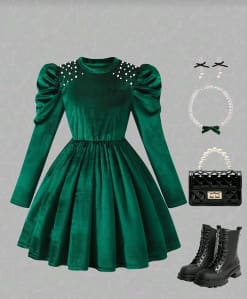Emerald Velvet Puff Sleeve Dress – Rhinestone Detail – Flared Skater Style