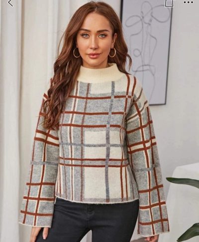 Plaid Mock Neck Knit Sweater – Long Sleeve Casual Winter Pullover for Women