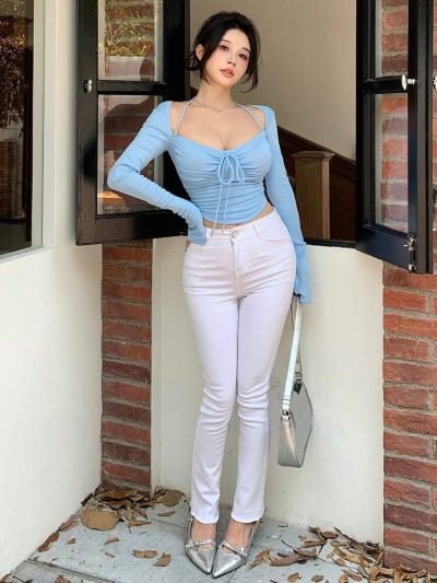 Ruched Halter Strap Cropped Top with Front Tie – Sky Blue