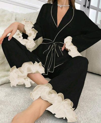 Black Ruffle Trim Lounge Pajama Set