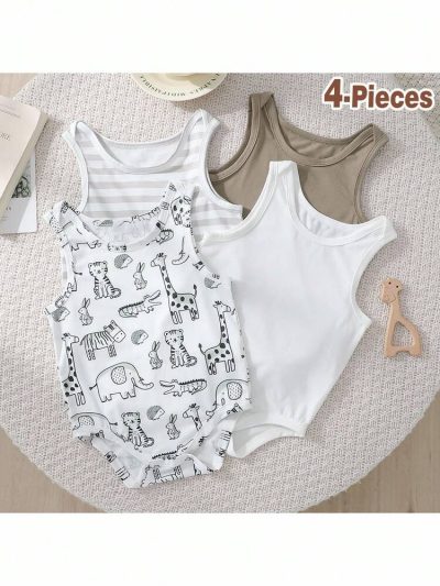 Baby 4-Pack Sleeveless Bodysuits – Solid, Striped & Animal Print Cotton Onesie Set