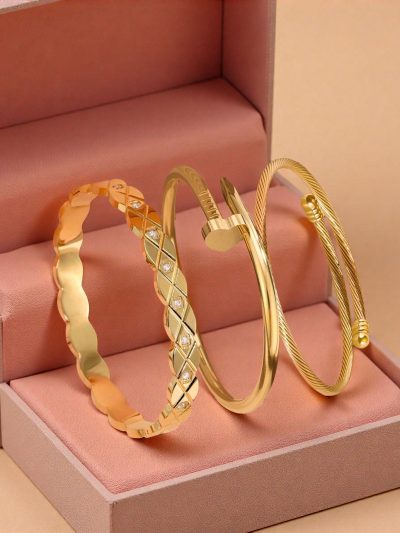 4 Piece Gold Tone Bangle Bracelet Set – Textured Nail and Crystal Detail Stackable Bracelets for Women