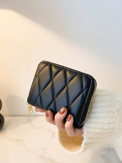 Women Quilted Wallet – Compact Zipper Small Purse Black