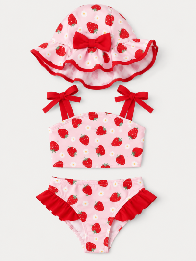 Baby Girls Pink Strawberry Print Bikini Set with Hat 18-24M