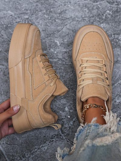SHEIN Women Beige Suede-Look Platform Lace-Up Sneakers