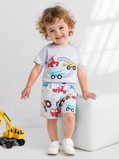 Baby Boys 2-Piece Vehicle Print Set – Short Sleeve Bodysuit & Shorts Outfit – Soft Cotton Summer Wear