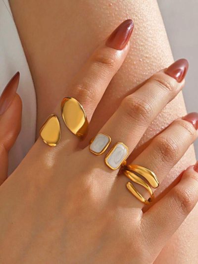 Gold Open Ring Set with White Marble Detail for Women – 3 Pieces
