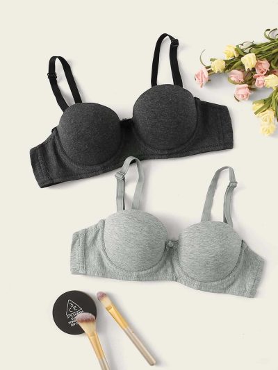 Women’s Cotton Blend Everyday Bra 2 Piece Set – Padded Support Bra Pack – Black & Light Gray Comfortable Essential Bras