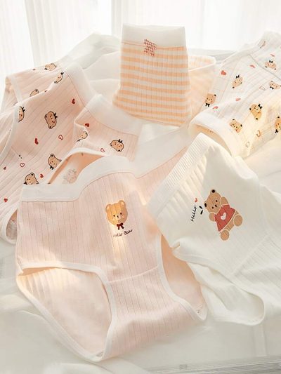 6-Piece Cotton Cartoon Bear Women’s Panty Set – Soft Ribbed Mid Rise Cute Everyday Underwear in Pink & White Tones