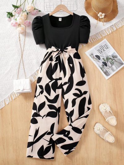 SHEIN Girls Black & Beige Floral Wide Leg Jumpsuit