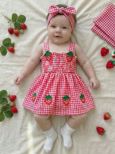 Baby Girls Strawberry Embroidered Gingham Dress – Red & White Sleeveless Summer Dress