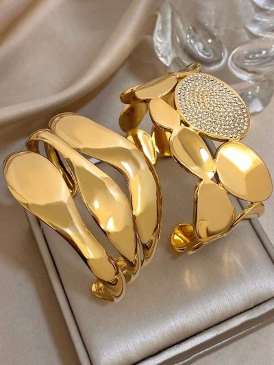 2 Piece Gold Tone Wide Cuff Bracelet Set – Abstract Statement Bangles with Crystal Accent for Women