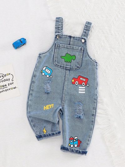 Baby Boy Blue Denim Overall Romper – Cartoon Vehicle Patches – Casual Sleeveless Jumpsuit